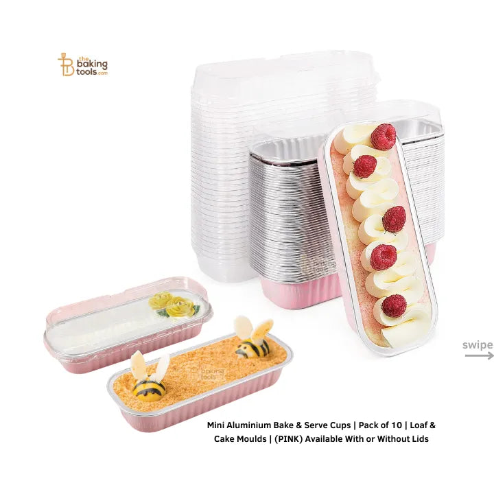 Mini Aluminium Bake & Serve Cups | Pack of 10 | Loaf & Cake Moulds | (PINK) Available With or Without Lids